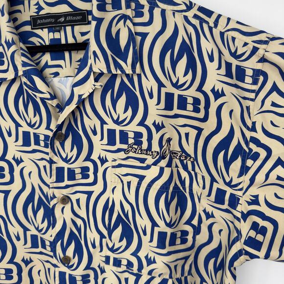 VTG Johnny Blaze Mens Button Up Shirt XL Flame Logo Spell Out Y2K Rap Streetwear - Picture 2 of 12